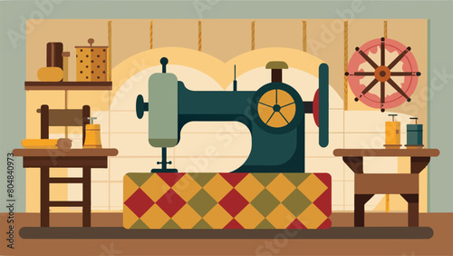 The craftsmanship of a bygone era on full display with a display of antique sewing machines and handstitched quilts.. Vector illustration