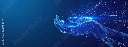 Abstract blue giving hand with flying chat boxes Low poly style design Chat service concept Modern 3d graphic geometric background Wireframe light connection structure Vector illus © BOMB8