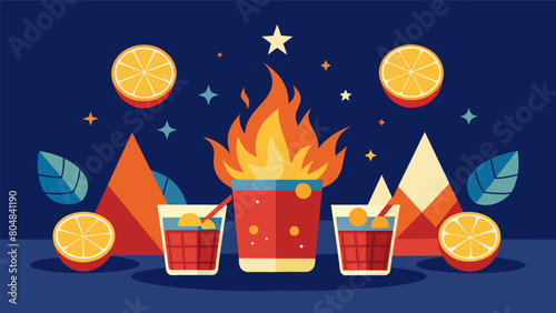 A roaring campfire is accompanied by a round of shots each infused with a different fruit flavor and layered to create a patriotic tribute to the. Vector illustration