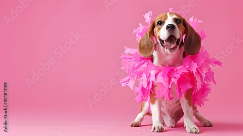 Surreal of a Cheerleading Beagle in a Pink Studio Setting