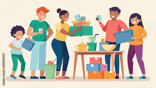Families and friends eagerly perusing the various tables of goods laughing and chatting as they exchange their unwanted possessions.. Vector illustration