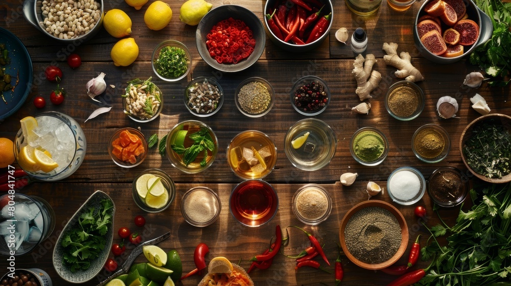 An assortment of ingredients and garnishes laid out on a table ready for the mixologist to create unique mocktails. An assortment of ingredients and garnishes laid out on a table ready for the mixologist to create unique mocktails.