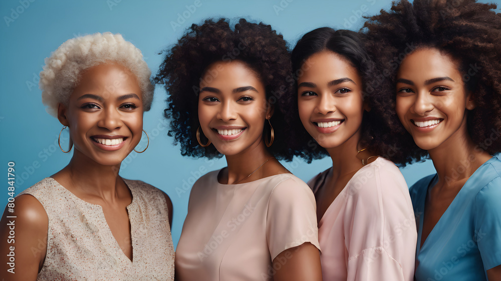 Fototapeta premium Four happy women of different ages and ethnic backgrounds, with bright smiles, posing together against a vibrant blue background
