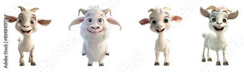 Set of 3D cute happy cartoon goat, isolated on white background, png