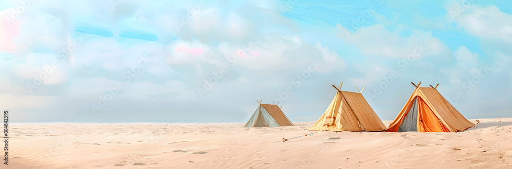 Sandy beach tent stakes web banner. Beach tent stakes isolated on sandy background with copy space.