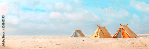 Sandy beach tent stakes web banner. Beach tent stakes isolated on sandy background with copy space. © Banner Brian