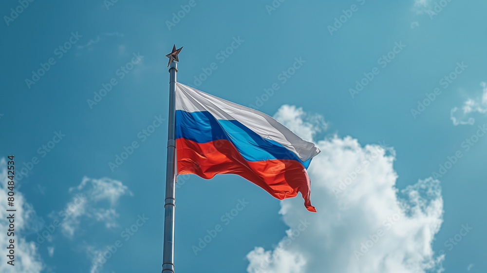 An illustration of the Russian flag fluttering against a clear blue sky. The flag consists of three horizontal stripes: white on the top, blue in the middle, and red on the bottom. Its movement An illustration of the Russian flag fluttering against a clear blue sky. The flag consists of three horizontal stripes: white on the top, blue in the middle, and red on the bottom. Its movement