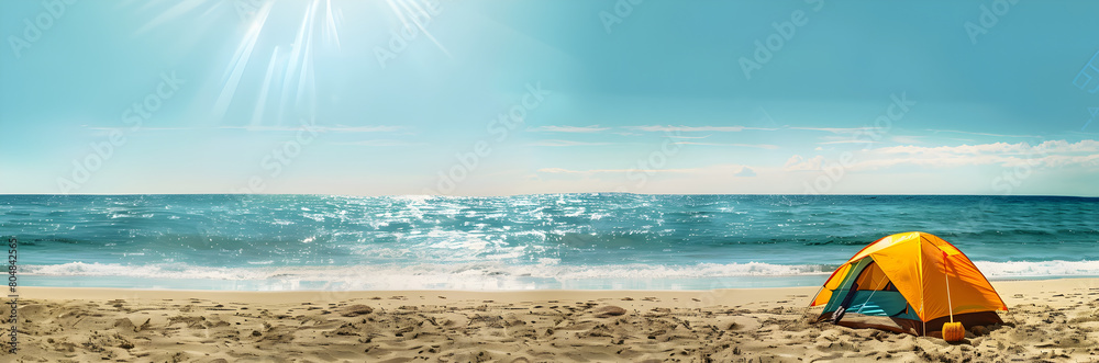 Ocean view beach tent stakes web banner. Beach tent stakes isolated on ocean background with copy space.