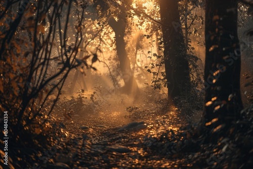A Captivating Autumn Woodland Path Bathed in Ethereal Golden Sunlight