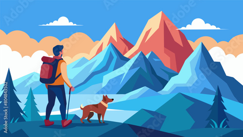 Against the backdrop of towering mountains a brave explorer and his loyal dog trek through the remote and treacherous landscape both equipped with GPS. Vector illustration