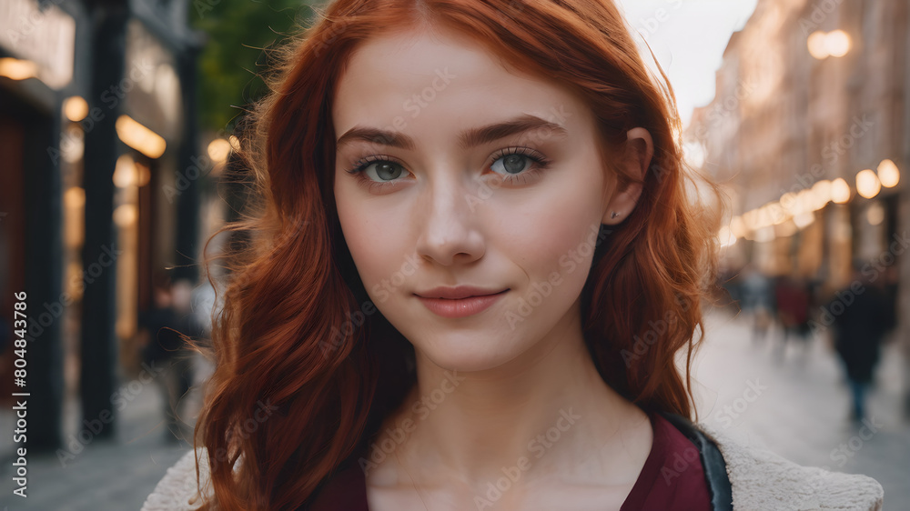 Portraits of a charming red-haired girl with a cute face. Girl posing for the camera in the city center. She has a wonderful mood and a lovely smile