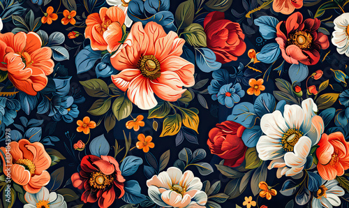 A richly colored wallpaper pattern with a variety of detailed flowers. Generate AI