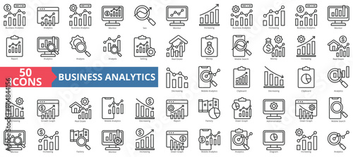 Business analytics icon collection set. Containing analytics, icon monitor, seo, increasing, report, setting, real estate. Simple line vector.