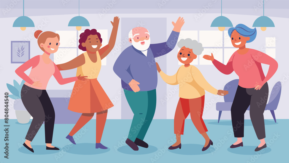 The room is filled with laughter and joy as the older adults follow the lead of their dance instructor learning new steps and routines.. Vector illustration The room is filled with laughter and joy as the older adults follow the lead of their dance instructor learning new steps and routines.. Vector illustration