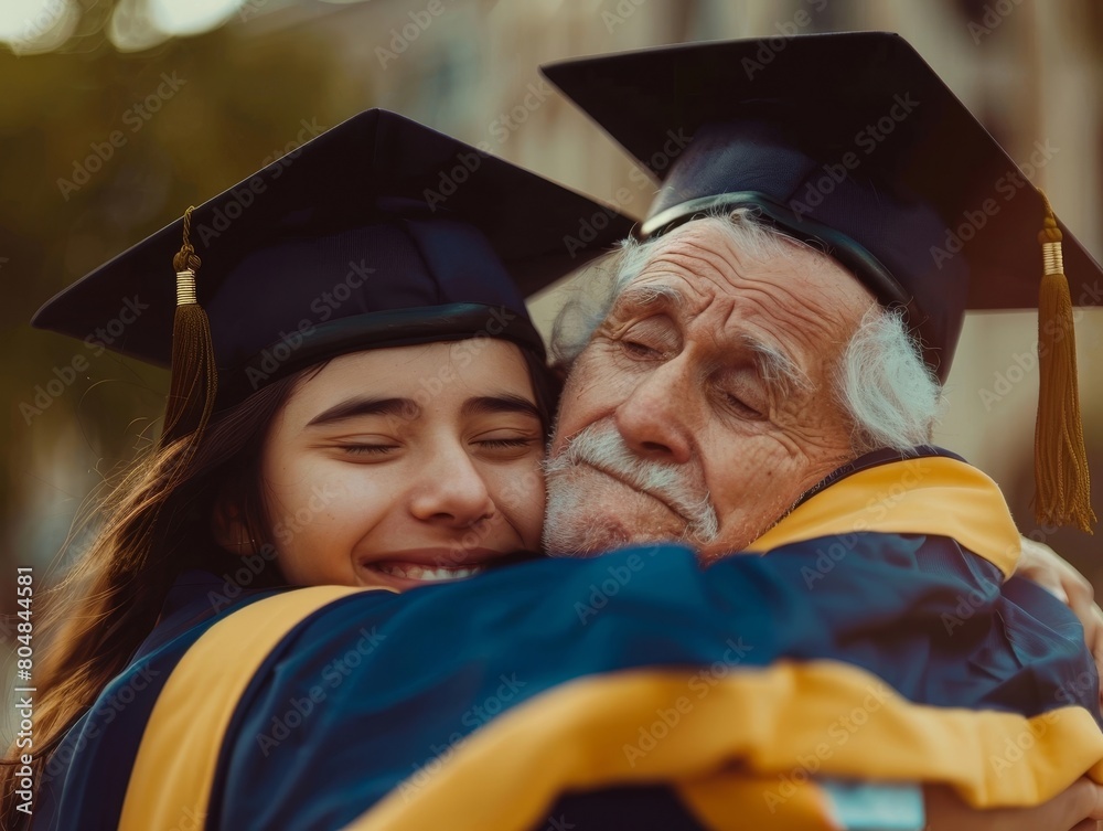 Fototapeta premium Emotional Graduation Moment as Student Embraces Beloved Professor After Completing Degree