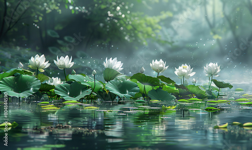A tranquil scene of white lotus flowers blooming on a peaceful pond. Generate AI