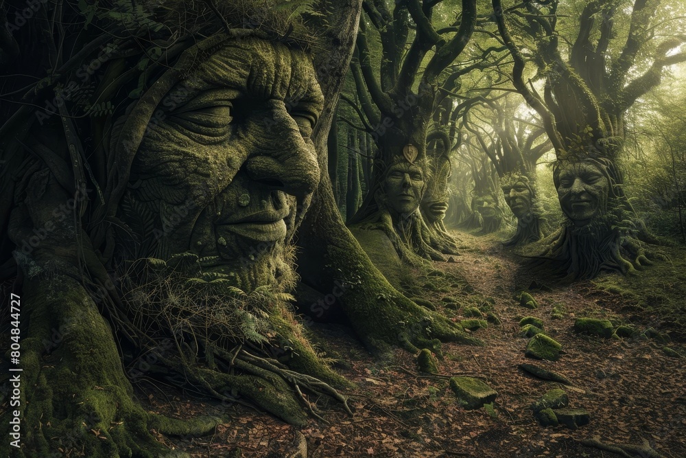 Enchanted Forest with Whispering Faces of Nature's Guardians Enchanted Forest with Whispering Faces of Nature's Guardians
