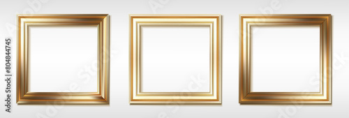 3d realistic vector icon illustration. Set of golden square picture frames. Isolated on white background.