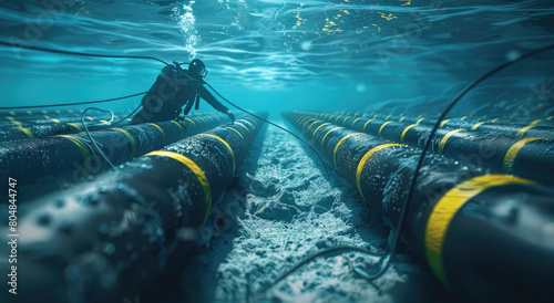 A diver inspecting an underwater cable pipe for data transfer. The telecommunication pipes lay on the sea floor with yellow tape and black rubber tubes floating above the water surface
