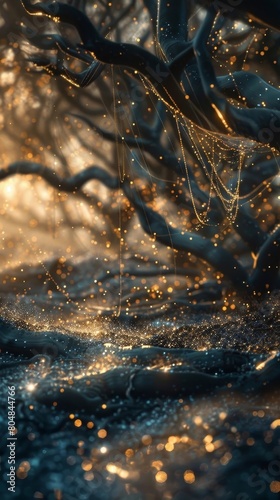 Enchanting Forest of Shimmering Silver and Golden Threads in Cinematic Dreamscape