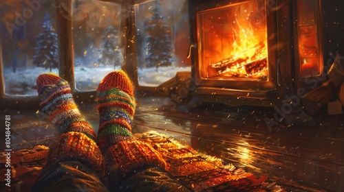 Cozy winter socks by a roaring fire, the epitome of warm comfort on a chilly evening photo