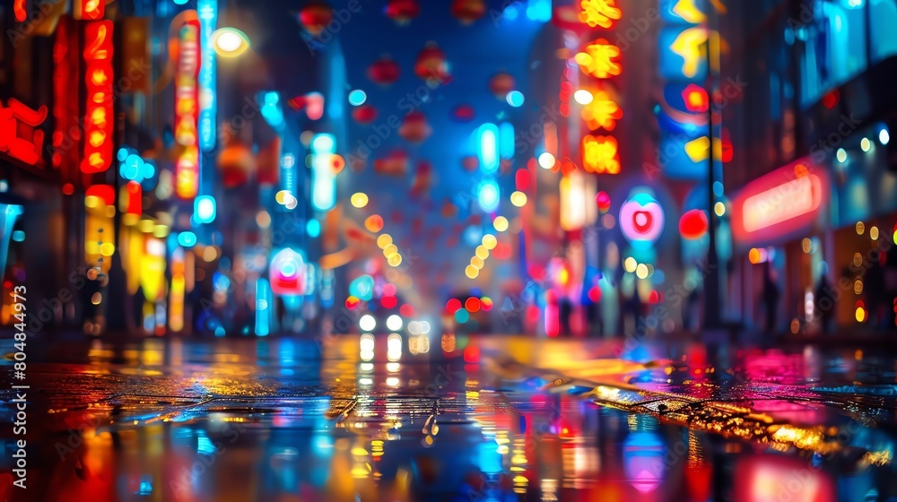 Glittering city lights at night, close-up on neon signs reflecting the vibrant urban nightlife