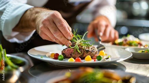Gourmet chef's hands plating a dish, focusing on the precision and artistry of culinary presentation