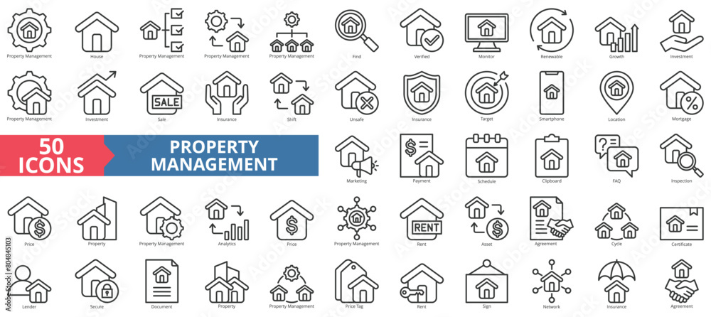 Property management icon collection set. Containing house, find, verified, monitor, renewable, growth, investment icon. Simple line vector.