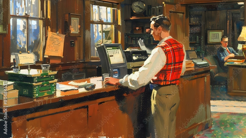 Bank Teller's Equipment: Illustration of Cash Drawer, Computer, and Calculator Bank Teller's Equipment: Illustration of Cash Drawer, Computer, and Calculator