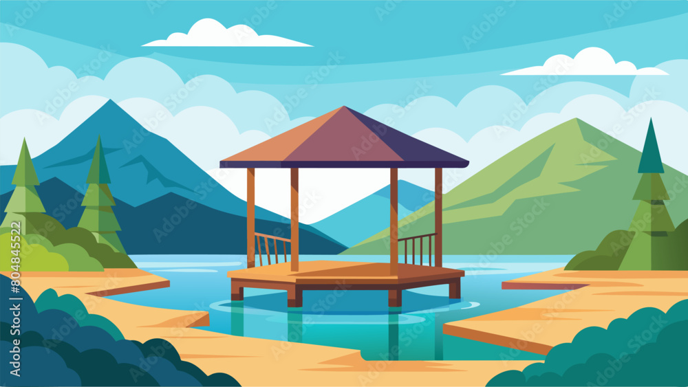 A simple wooden gazebo perched on the edge of a serene lake providing a beautiful and relaxing spot for hikers to stop and stretch while listening to. Vector illustration