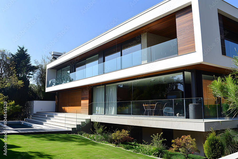 Modern contemporary illuminated house design exterior. Luxurious new construction home with panoramic windows, pool, patio Modern contemporary illuminated house design exterior. Luxurious new construction home with panoramic windows, pool, patio