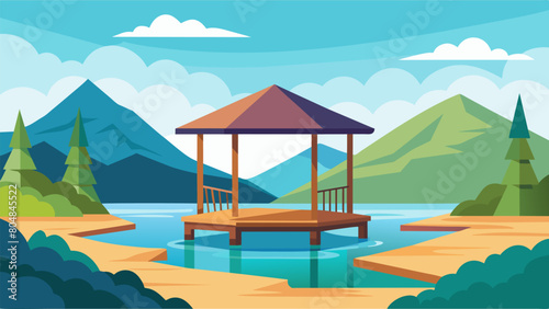A simple wooden gazebo perched on the edge of a serene lake providing a beautiful and relaxing spot for hikers to stop and stretch while listening to. Vector illustration