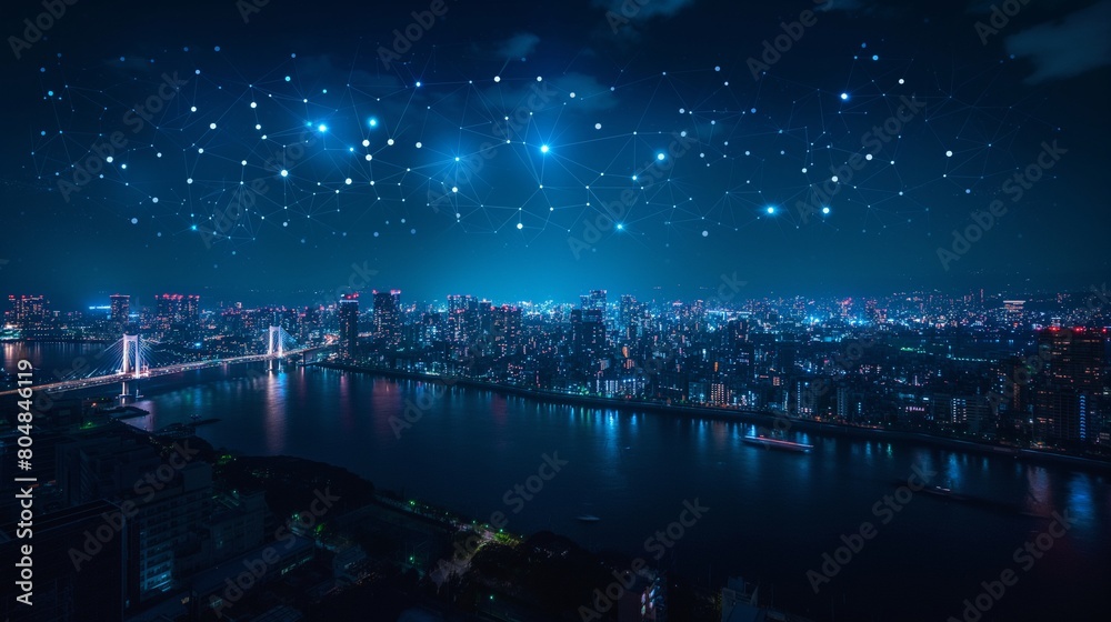 Digital Network Over Nighttime Cityscape with River