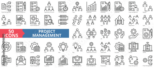 Project management collection set. Containing organization structure, time, team, investment, relation, inefficiency, investment icon. Simple line vector.