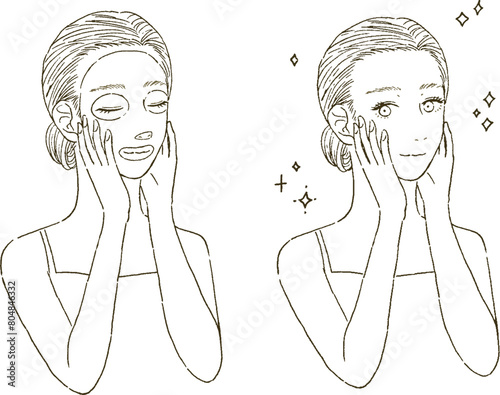 ビューティー　フェイスマスクをする女性の上半身のイラストレーション