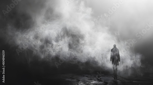 A brooding figure casting an elongated shadow comprised of dense fog and hazy forms