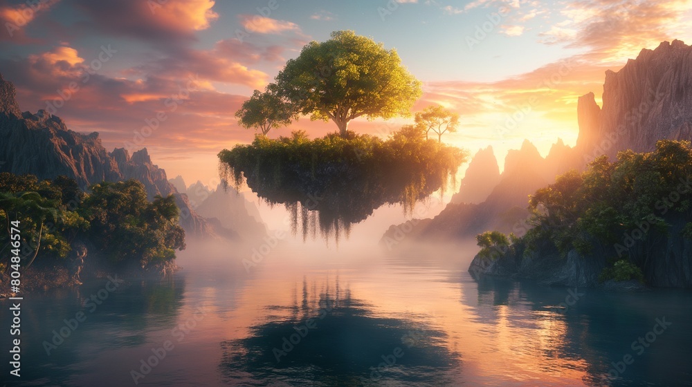 Floating Island over Tranquil Water at Sunrise