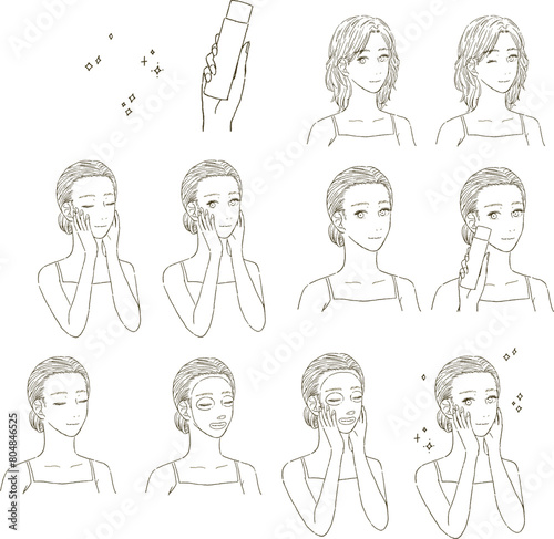 ビューティー　横顔の女性の上半身のイラストレーションセット