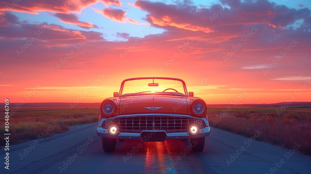 Vintage Convertible Car Under Fiery Sunset Sky
