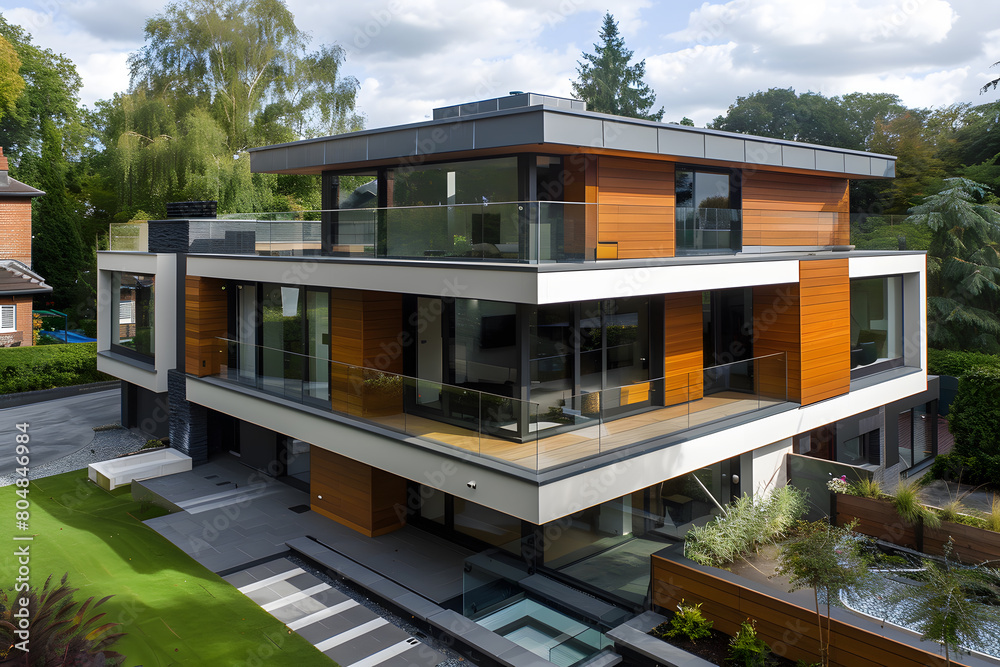 Modern contemporary illuminated house design exterior. Luxurious new construction home with panoramic windows, pool, patio Modern contemporary illuminated house design exterior. Luxurious new construction home with panoramic windows, pool, patio