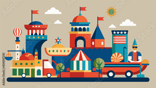 Local businesses and organizations showcase their creativity on their floats with elaborate designs and decorations based on the Independence Day. Vector illustration