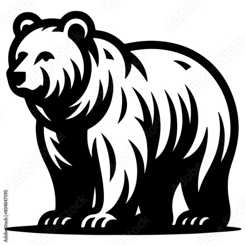 The image is a black and white line drawing of a bear. The bear is standing on all fours and looking to the left. The bear has a large head and a long, bushy tail. The fur on the bear's back is long a