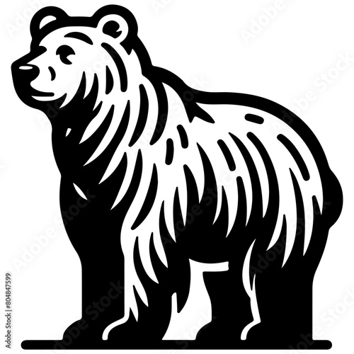 The image is a black and white line drawing of a bear. The bear is standing on all fours and looking to the left. The bear has a large head and a long, bushy tail. Its fur is long and shaggy.