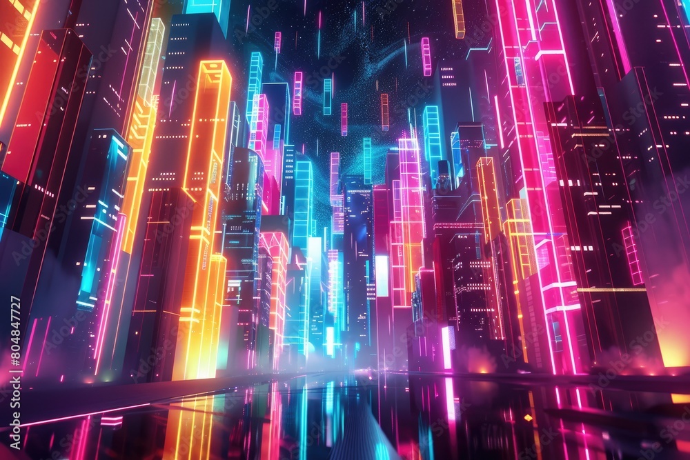 3D illustration of a city with skyscrapers and neon lights