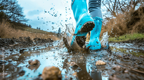 blue rubber boots walking in a muddy ditch, Ai Generated Images photo