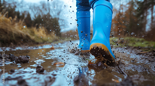 blue rubber boots walking in a muddy ditch, Ai Generated Images photo