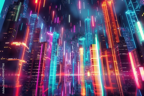 3D illustration of a city with skyscrapers and neon lights