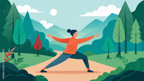 Incorporate mindfulness into your fitness routine by performing tai chi or qigong movements along a peaceful forest trail.. Vector illustration