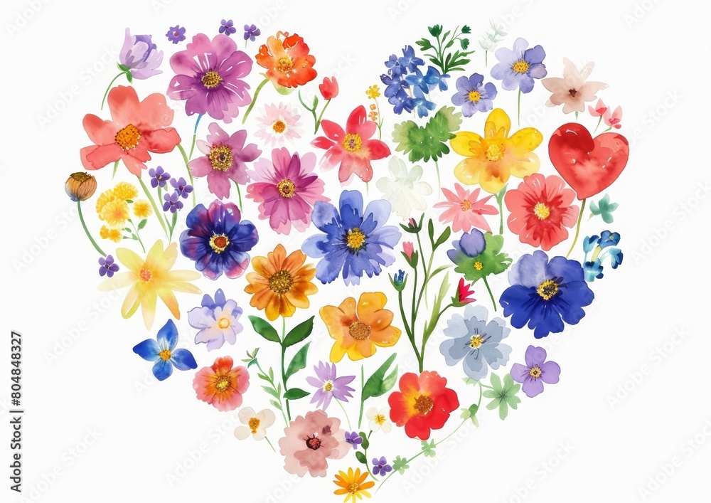 A heart made of colorful flowers isolated. floral designed heart. plants formed and shaped as a cute heart on white background.