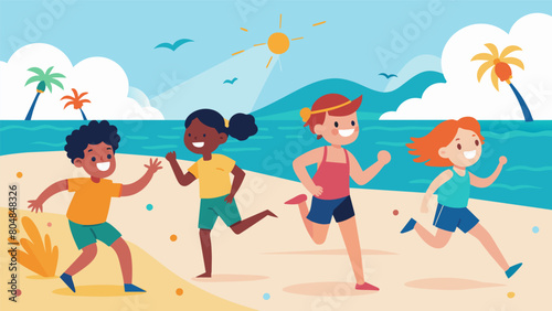 Children running and playing on the beach their excited squeals mixing with the sounds of the crashing waves and popping fireworks.. Vector illustration